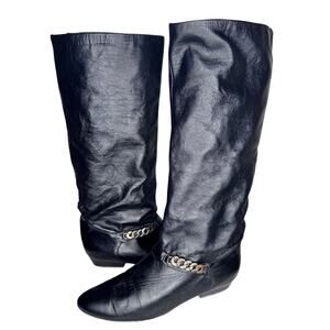 1980s Cobbies Black Slouch Knee High Chain Boots 9W Wide Width
